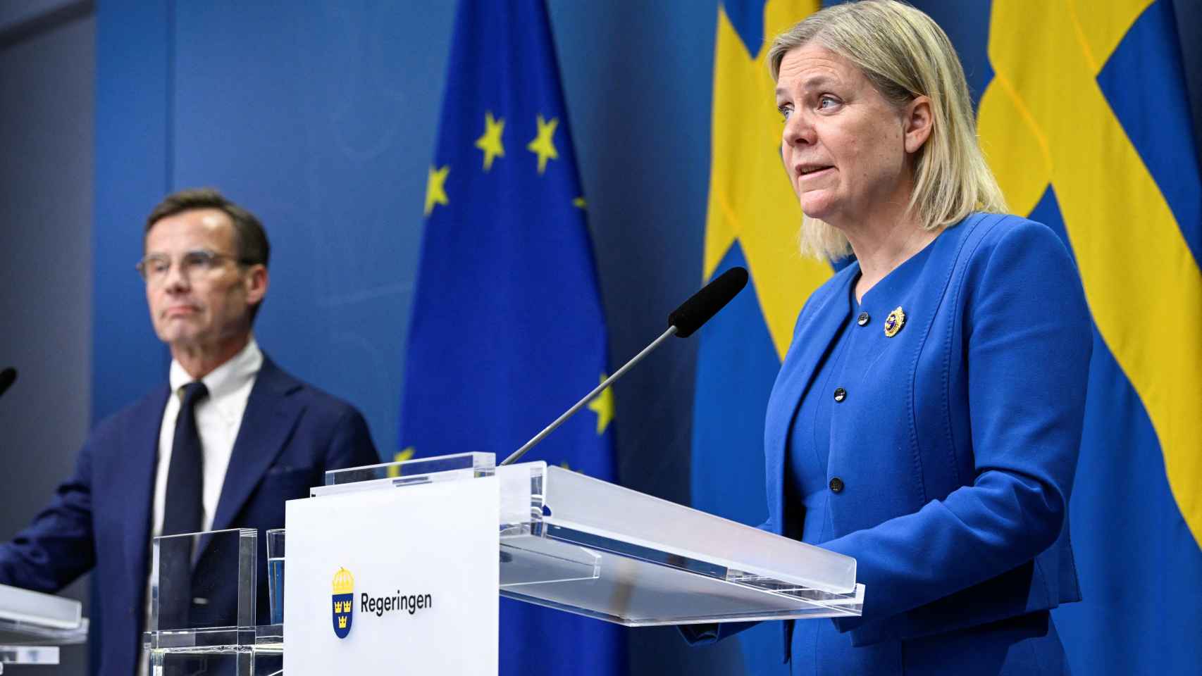 La primera ministra sueca, Magdalena Andersson, durante la rueda de prensa que ha ofrecido en Estocolmo.