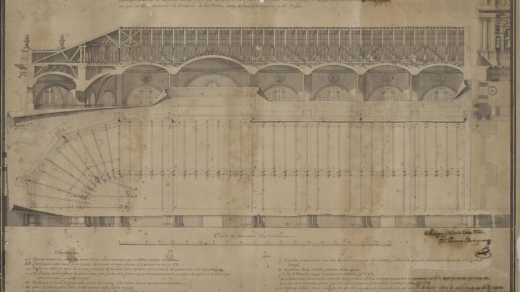 Plano original del tejado proyectado por Ventura Rodríguez para la Catedral de Málaga.