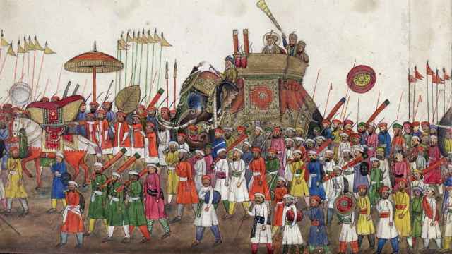 Panorámica de la procesión del emperador Bahadur Shah Zafar II para celebrar un festival. / Thomas Metcalfe.