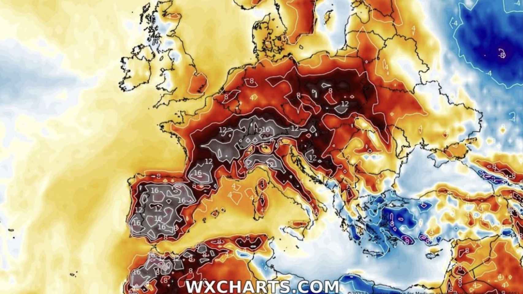 Anomalías de temperaturas en Europa Occidental durante este episodio de calor. WXCHARTS.