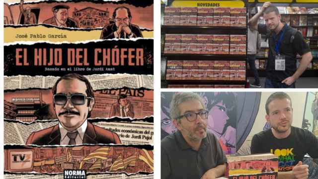 Collage con fotos del dibujante José Pablo García, el escritor Jordi Amat y la portada del cómic.