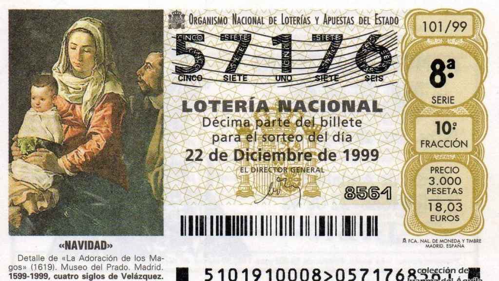 Billete de lotería de Navidad de 1999 con el precio en pesetas y euros. Al final acabó costando 20 euros.