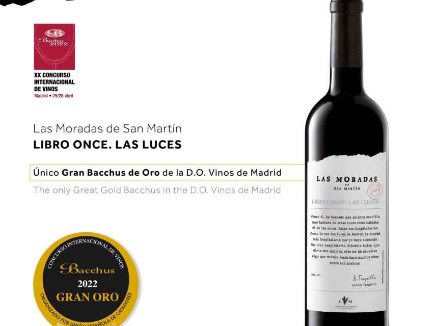 El vino tinto Libro Once.Las Luces, con D.O.P. Vinos de Madrid y ganador del Gran Bacchus de Oro.