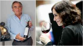 A la izquierda, Luis Nozaleda con una botella del vino Libro Once.Las Luces y, a la derecha, Díaz Ayuso con una copa de vino.