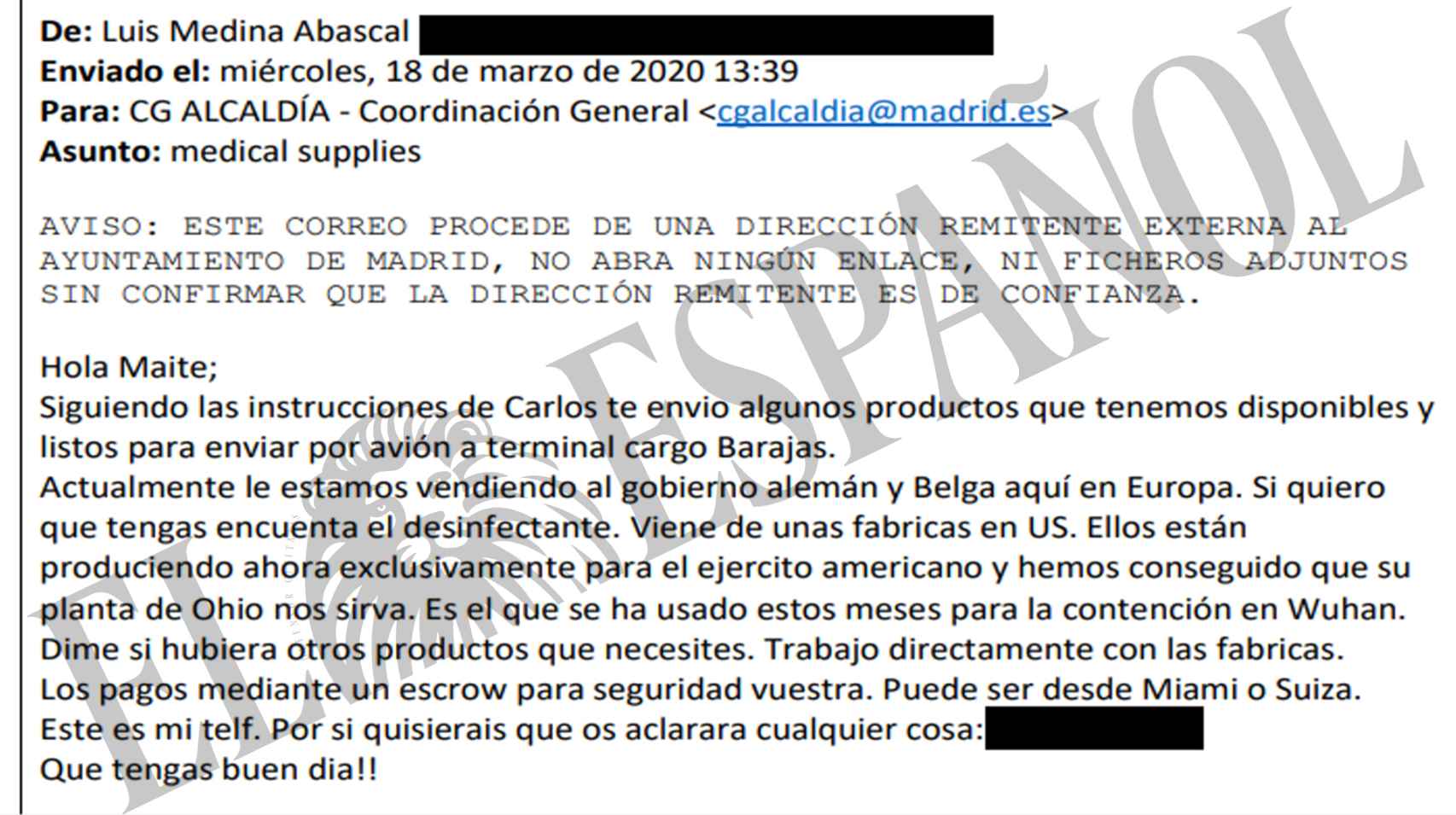 El primero de los correos enviado por Luis Medina a la Coordinación General de la Alcaldía de Madrid.