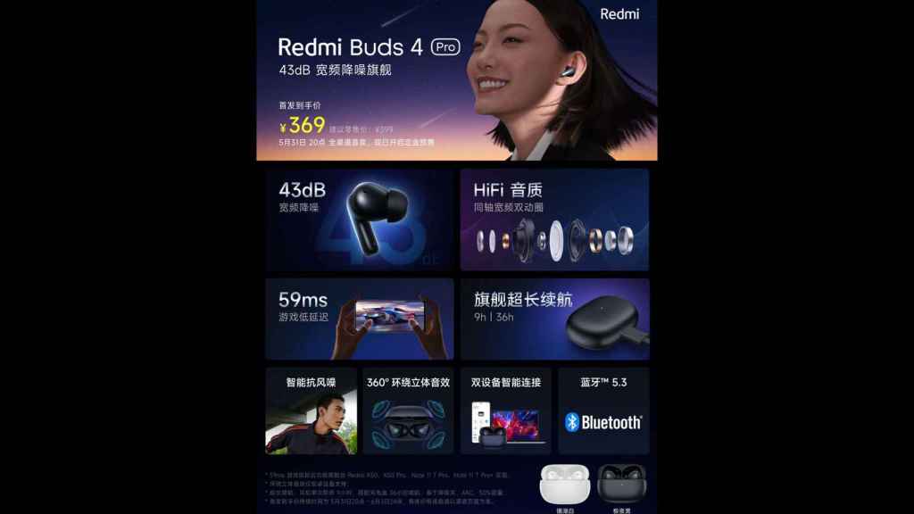 Xiaomi Redmi Buds 4 Pro y su tabla (en chino)