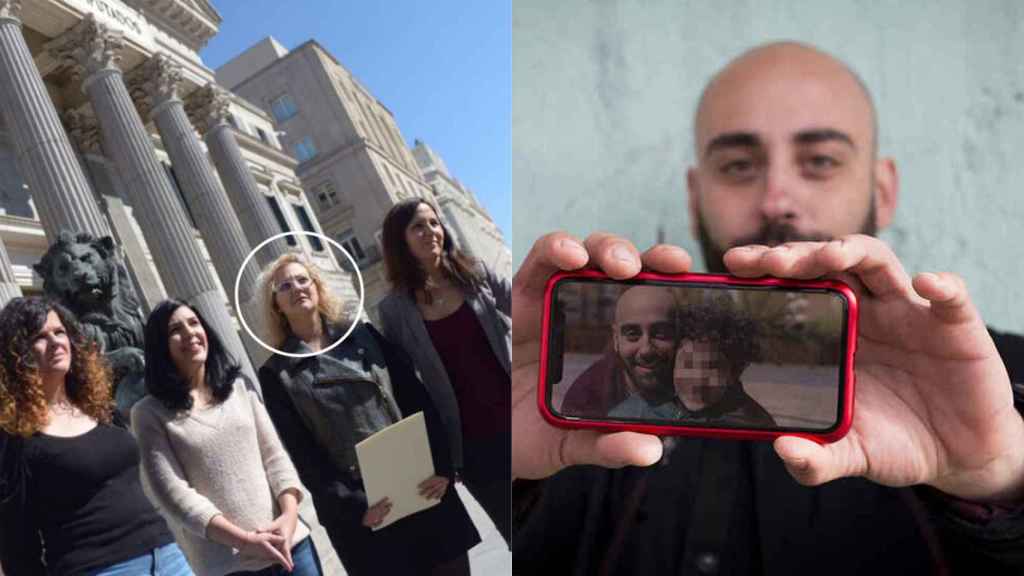Rafael Marcos muestra una foto de su hijo. A la derecha, María Sevilla junto a varias dirigentes de Podemos.