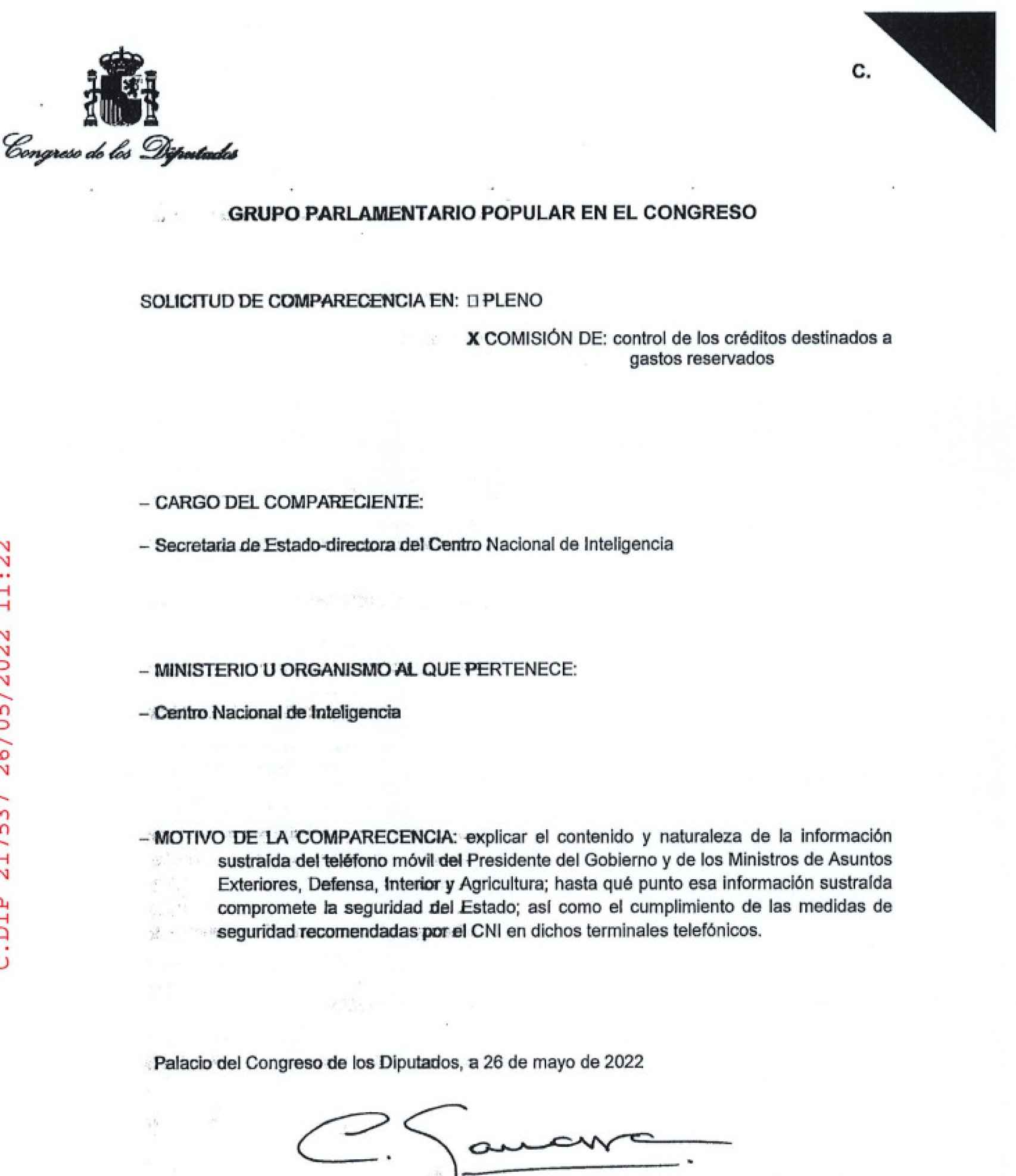 El PP registró ayer la petición de comparecencia de la nueva directora del CNI, Esperanza Castelerio, ante la Comisión de Secretos Oficiales del Congreso.