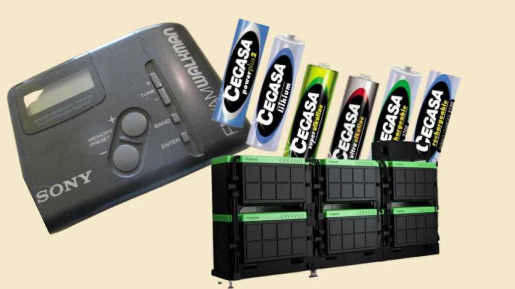 Un montaje de un walkman con pilas Cegasa y las nuevas baterías de almacenamiento de la compañía.