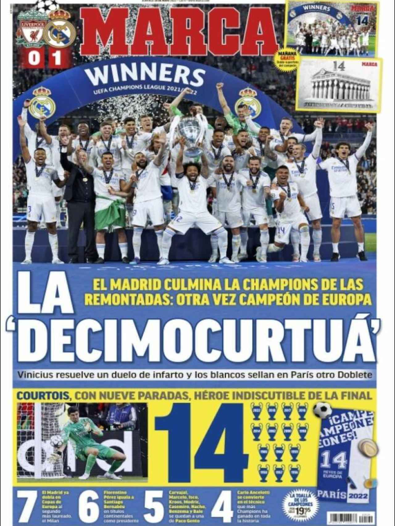 Las reacciones de la prensa deportiva a La Decimocuarta del Real Madrid:  Vinicius y Courtois, protagonistas