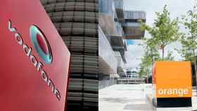 Imagen de los logos de Vodafone y Orange en el exterior de diferentes edificios corporativos de dichas operadoras.
