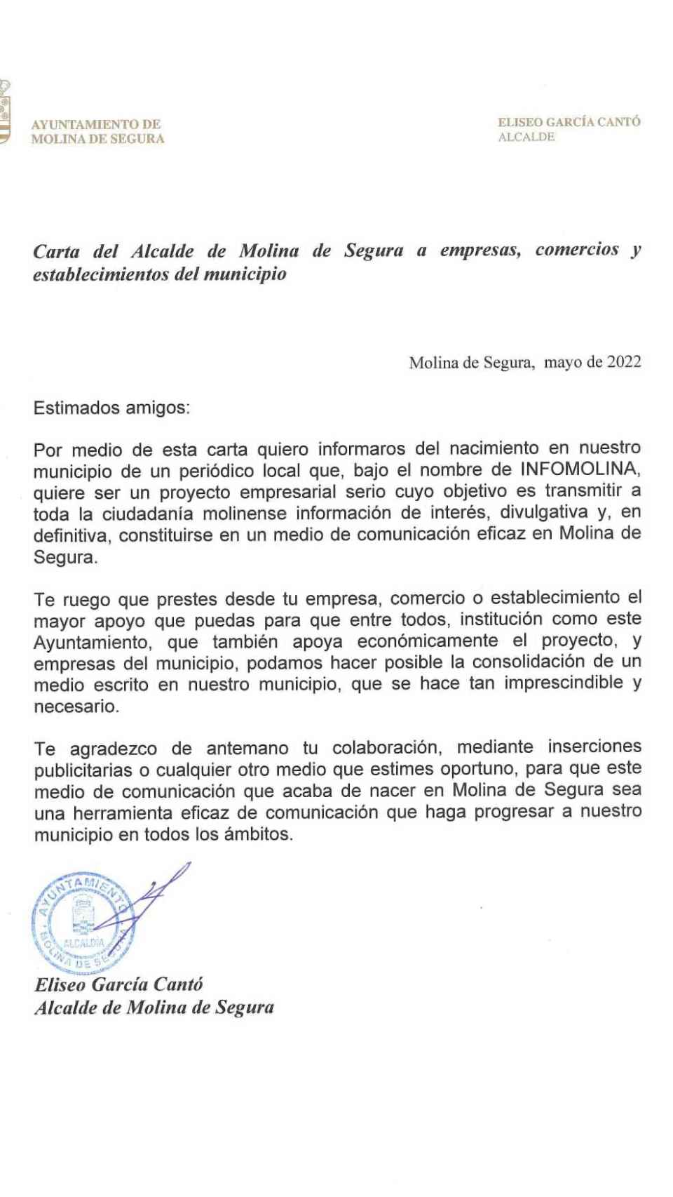 La carta firmada por el regidor molinense donde se dirige a los empresarios de la ciudad.