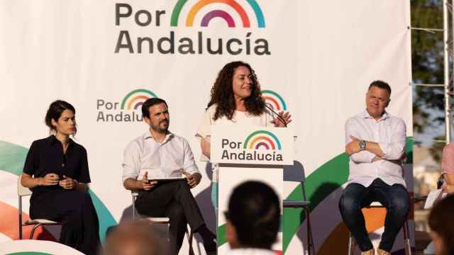 Isa Serra, Alberto Garzón, Inma Nieto y Juan Antonio Delgado, en un acto de campaña de Por Andalucía.