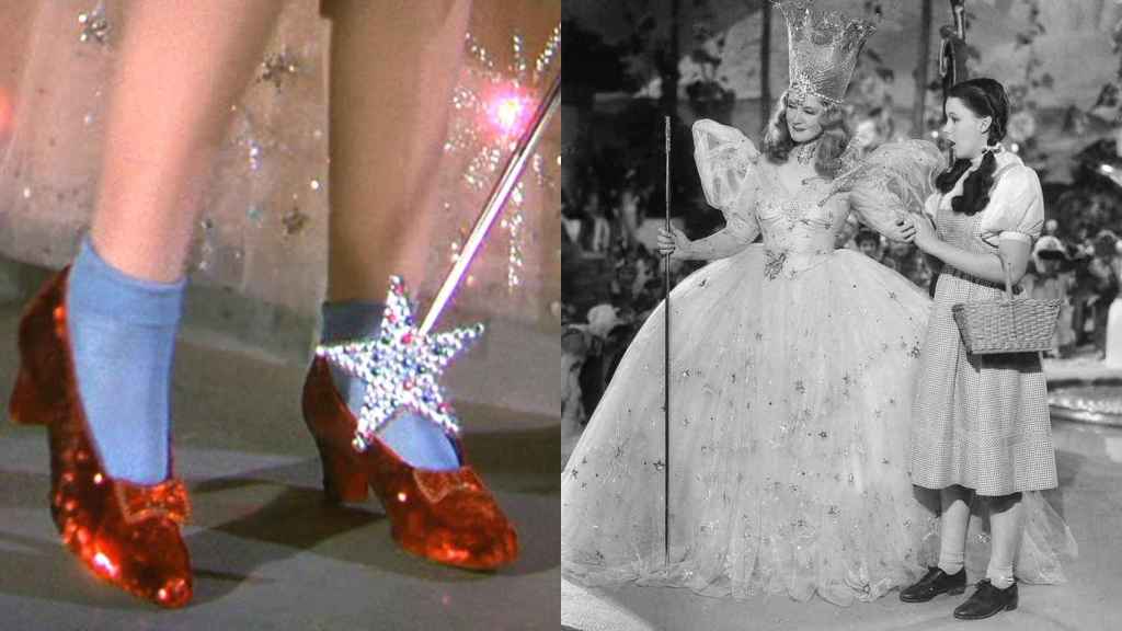 Judy Garland, junto a la actriz Billie Burke, en una escena del Mago de Oz (dcha.) y los famosos zapatos.