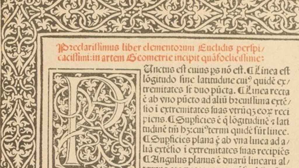 Edición de los 'Elementos' de 1482. Del libro 'Las infinitas vidas de Euclides' (Shackleton Books)