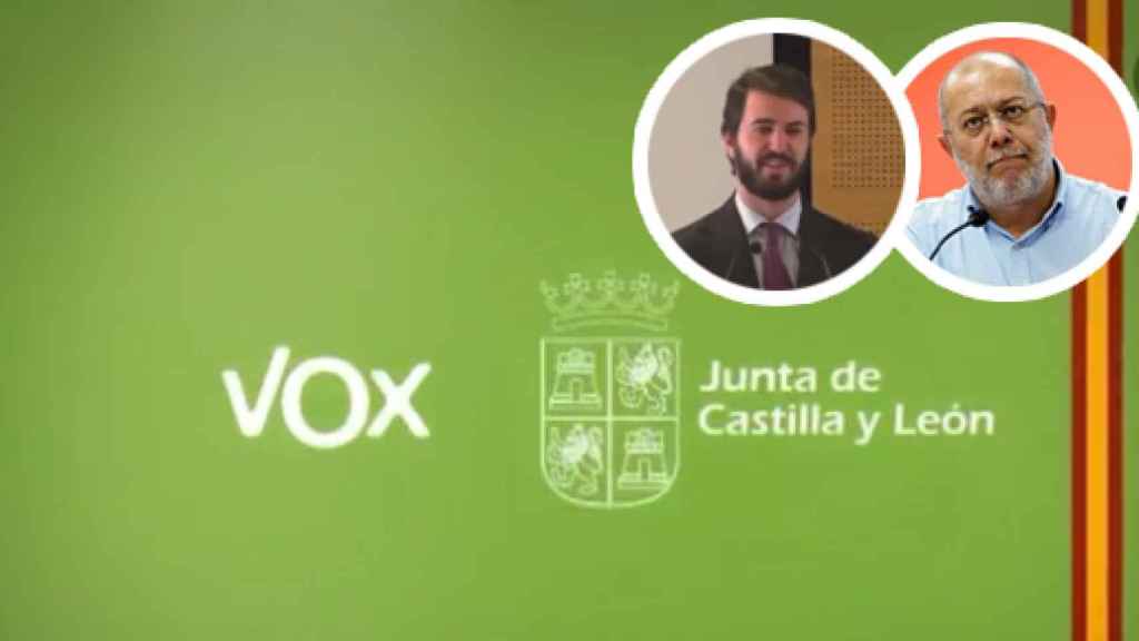 Montaje donde aparecen los logos de Vox y la Junta de Castilla y León que cierran el vídeo y las imagenes de García-Gallardo e Igea, enfrentados por dicho contenido