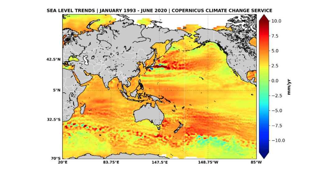 Mapa del aumento de las temperaturas del mar