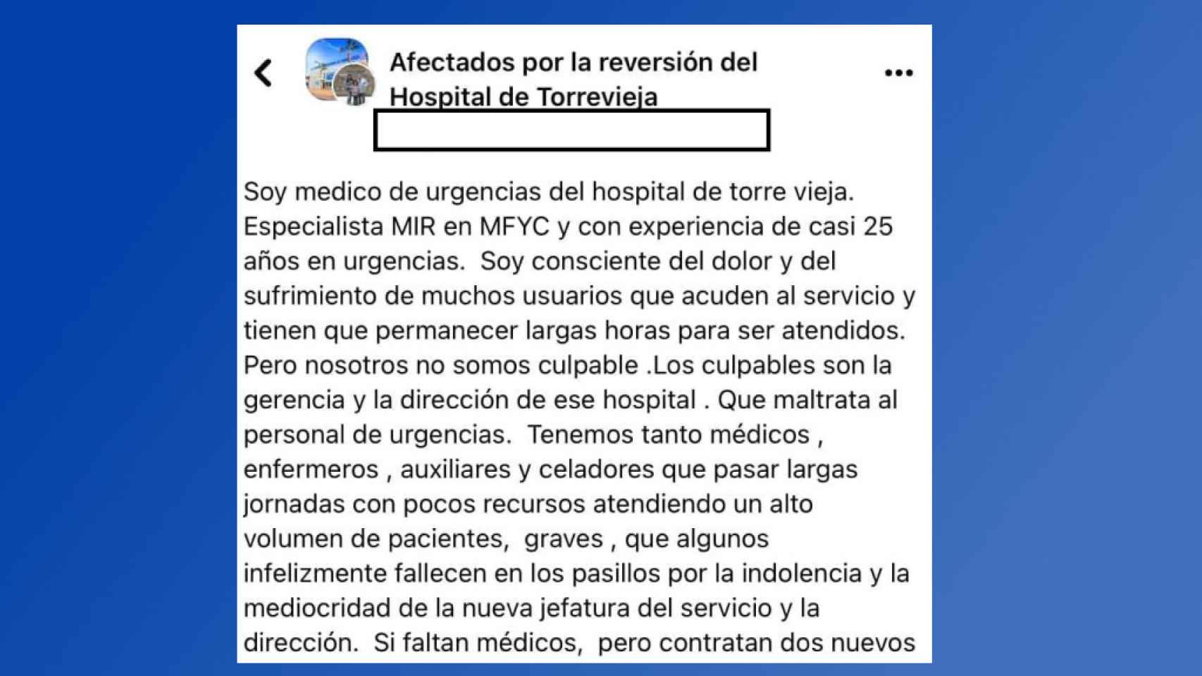 Inicio del post en redes sociales del médico de Torrevieja.