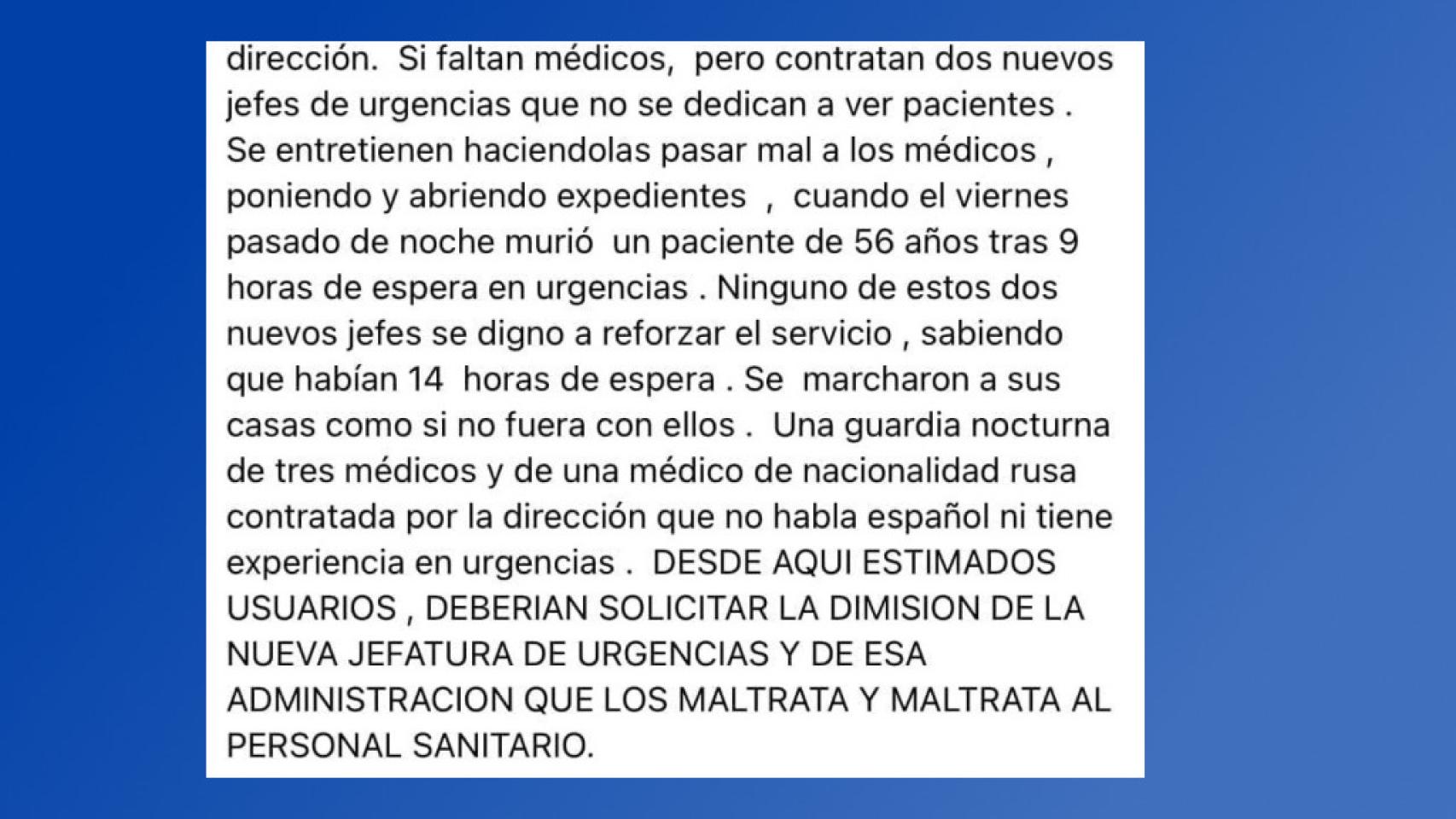 Final del post publicado y retirado por el médico.
