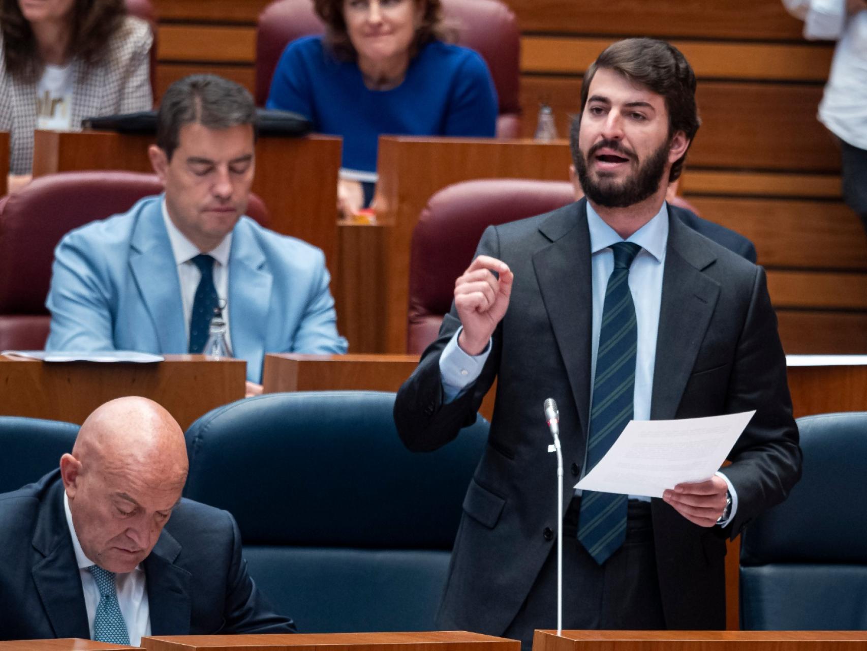 El vicepresidente de la Junta, Juan García-Gallardo, durante su intervención de este miércoles en las Cortes.