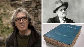 El escritor Eduardo Lago, James Joyce y una portada de 'Ulises'.