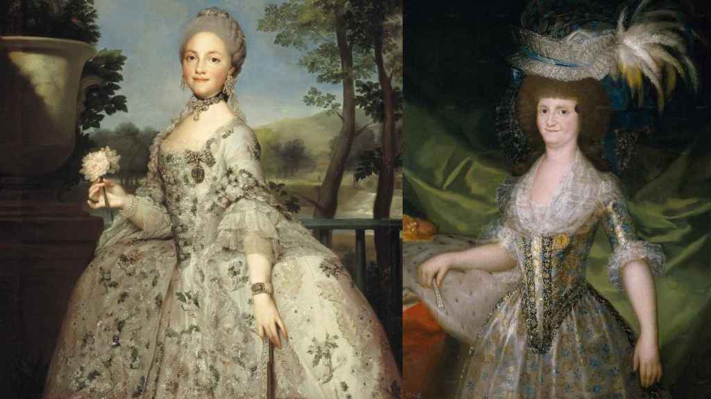 La Reina María Luisa retratada por Anton Raphael Mengs entre 1765-1769 (izda.) y por Francisco de Goya en 1789.