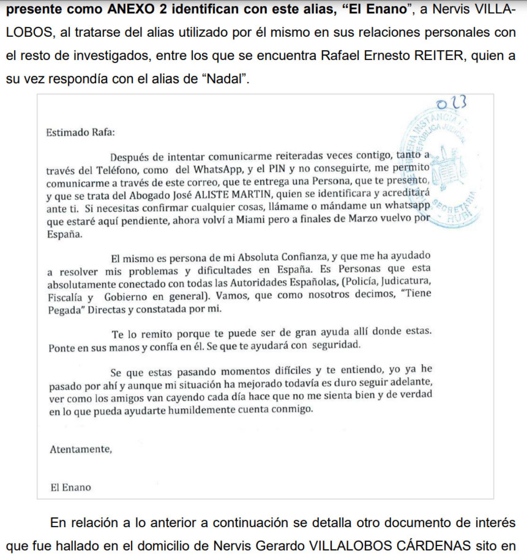 El escrito firmado por 'El Enano', que la UDEF identifica con el exministro venezolano Nervis Villalobos.