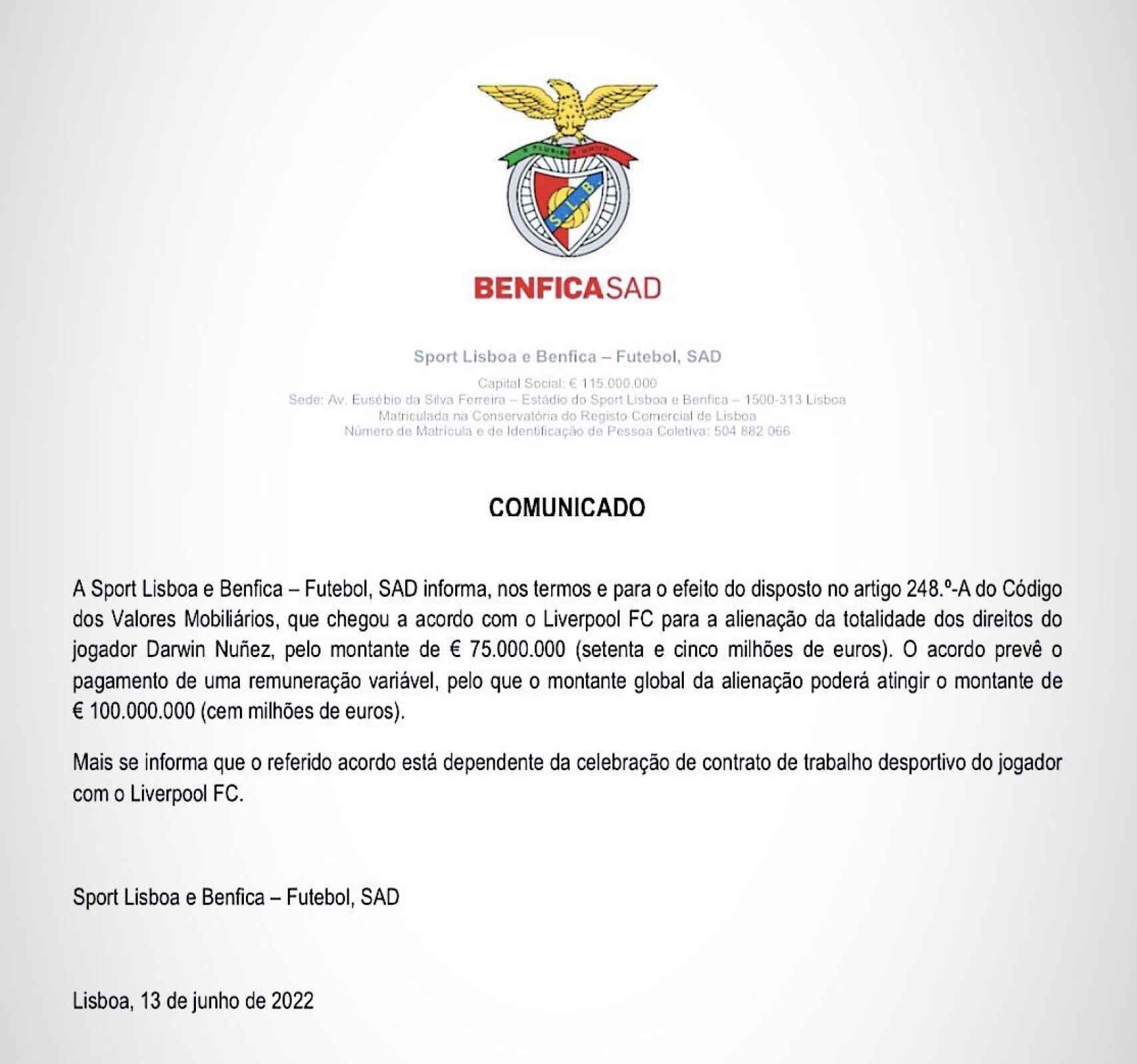 El Benfica anuncia la venta de Darwin Núñez al Liverpool