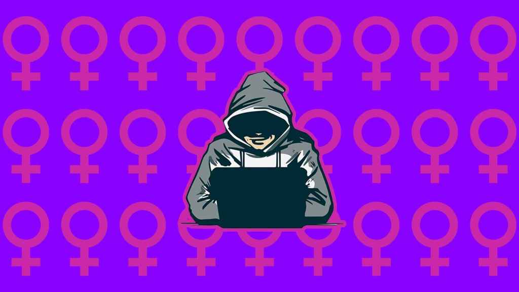 Fotomontaje con el símbolo femenino y un hacker.