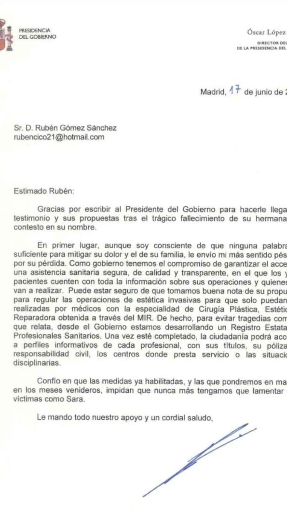 La carta de la Moncloa en respuesta a la misiva de Rubén, el hermano de Sara, al presidente, Pedro Sánchez.