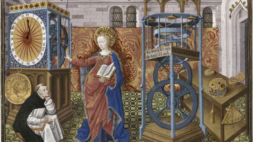 La Templanza rodeada de tecnología de relojería, ilustrada en Heinrich Suso, ‘El reloj de la sabiduría’, c. 1450.