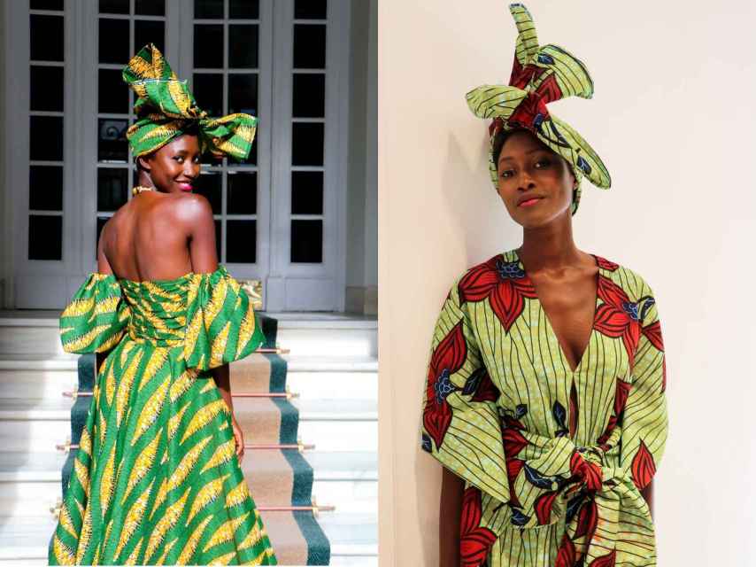 Dos modelos creados por Marta Rota (Tot Hom), para hacer un desarrollo en código alta costura con los tejidos que trae de Senegal la ONG de Leticia Valera