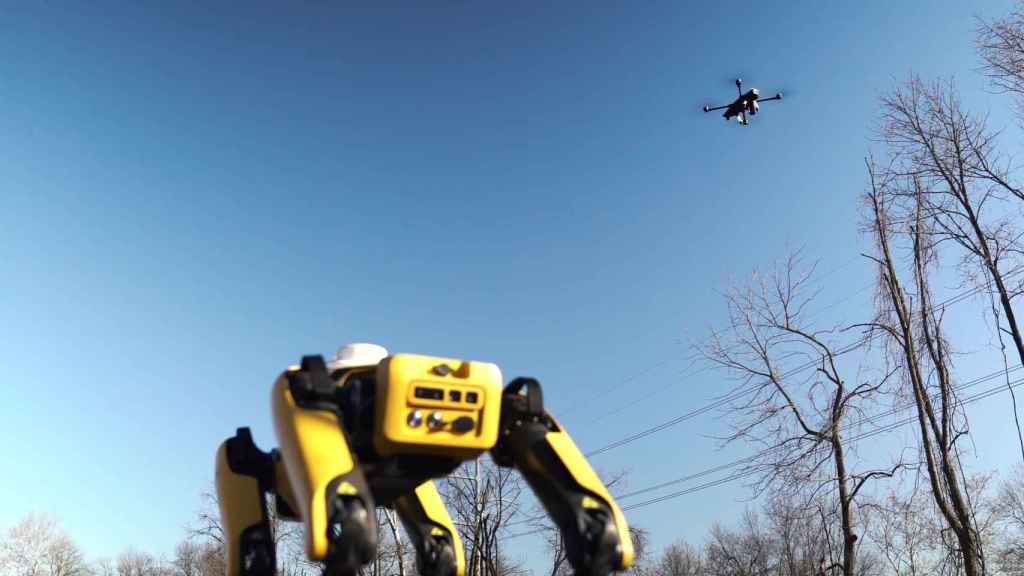 Dron y perro robot de seguridad