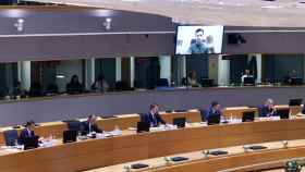 Volodímir Zelenski interviene en una reunión del Consejo Europeo en presencia de Pedro Sánchez