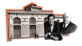 El fundador de Estrella Galicia y el actual CEO, sobre la fachada de la fábrica original.