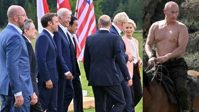 Los líderes del G7 y Putin montando a caballo.