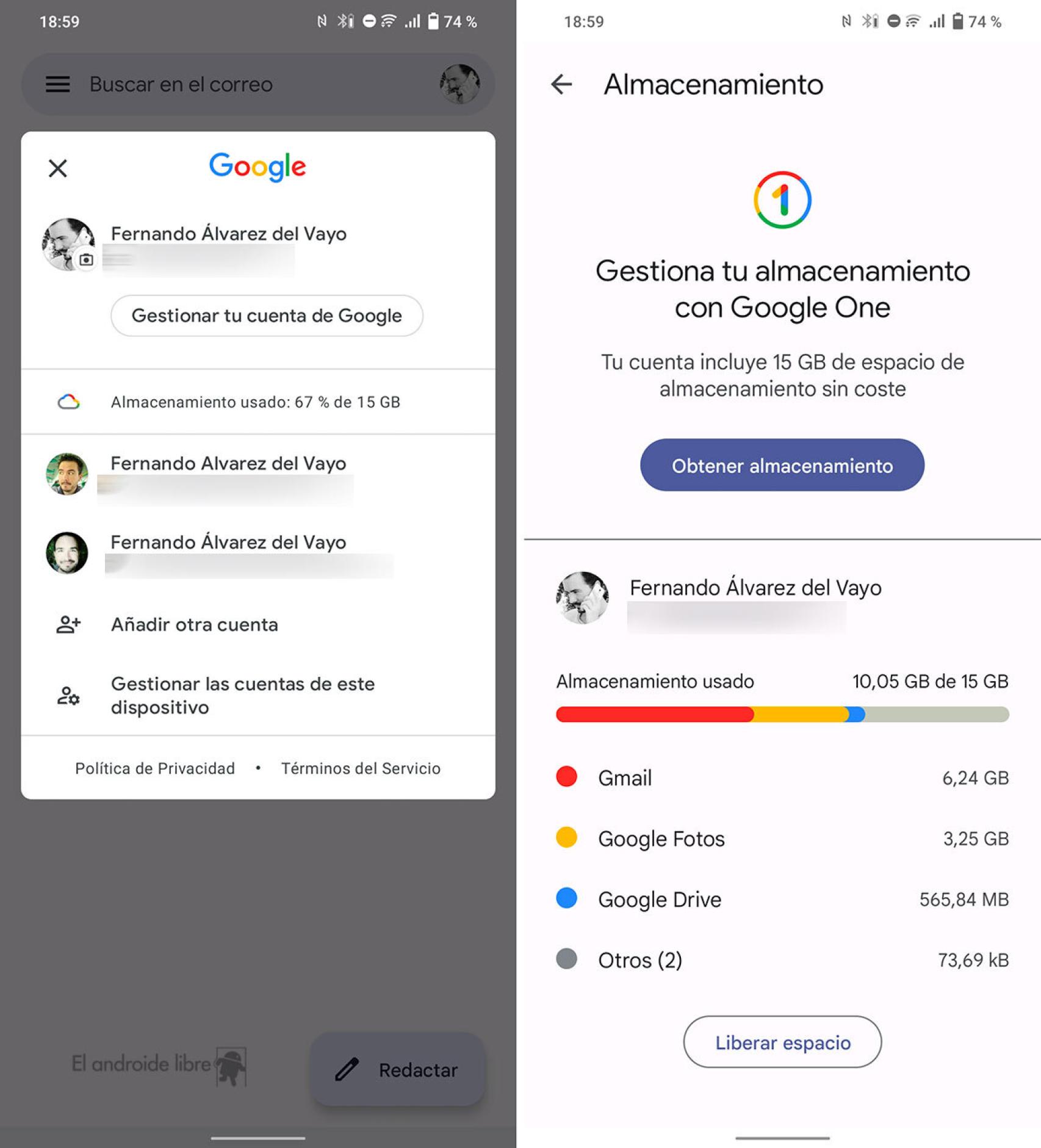  Space available in the Gmail and Google One interface