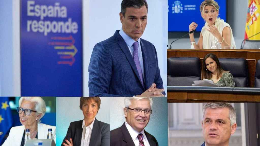 Pedro Sánchez, Yolanda Díaz, Ione Belarra, David Lucas, Christine Lagarde, María Andreu y Joan Clos.