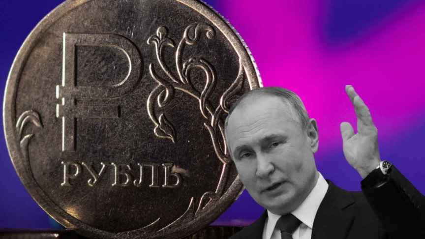 Imagen de un rublo junto a Vladimir Putin, el presidente de Rusia.