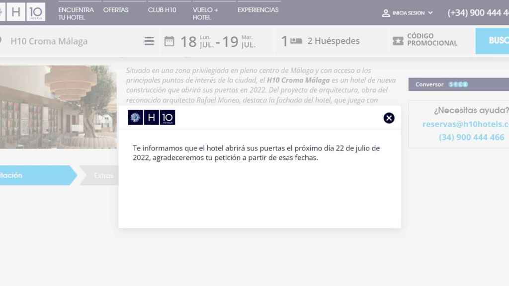 Mensaje que aparece en la web del H10 Croma Málaga cuando se hace una reserva.