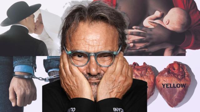 Montaje con cuatro de las campañas más emblemáticas de Oliviero Toscani y su autorretrato.