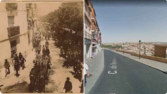 Dos imágenes de la Cuesta de las Armas de Toledo tomadas con 124 años de diferencia. Una con arbolado y la otra desierta. Fotos: Toledo Olvidado / Twitter.