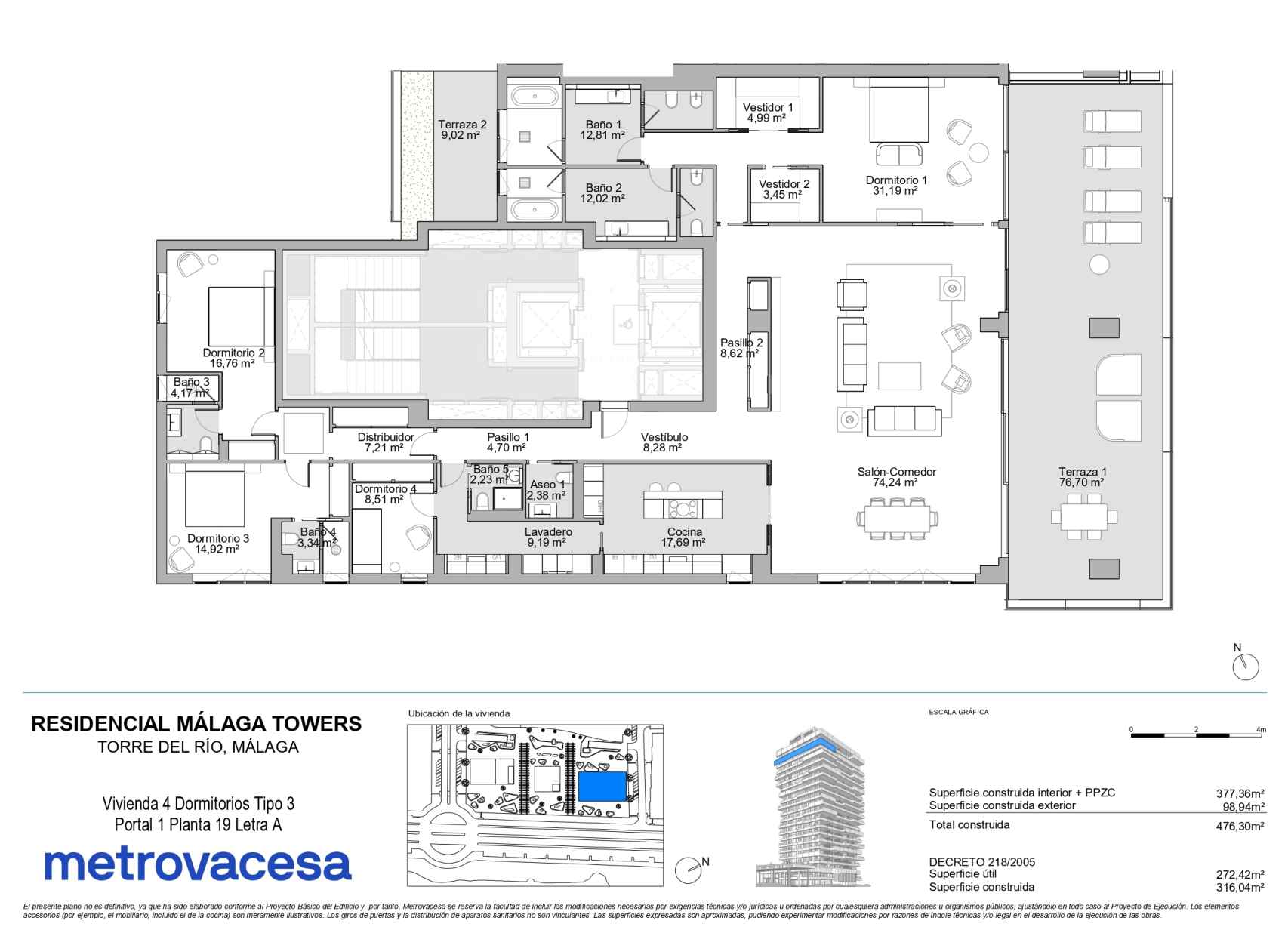 Plano de la vivienda situada en la planta 19 de una de las torres de Metrovacesa.