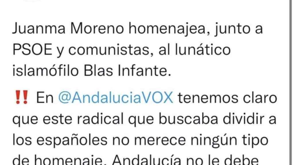 Una imagen de un tuit de Vox en el que insulta a Blas Infante y borra posteriormente.