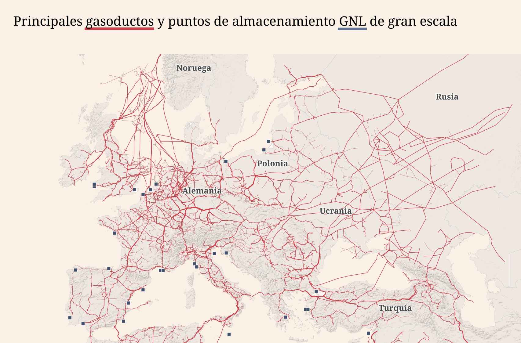 Principales gasoductos y puntos de almacenamiento GNL a gran escala