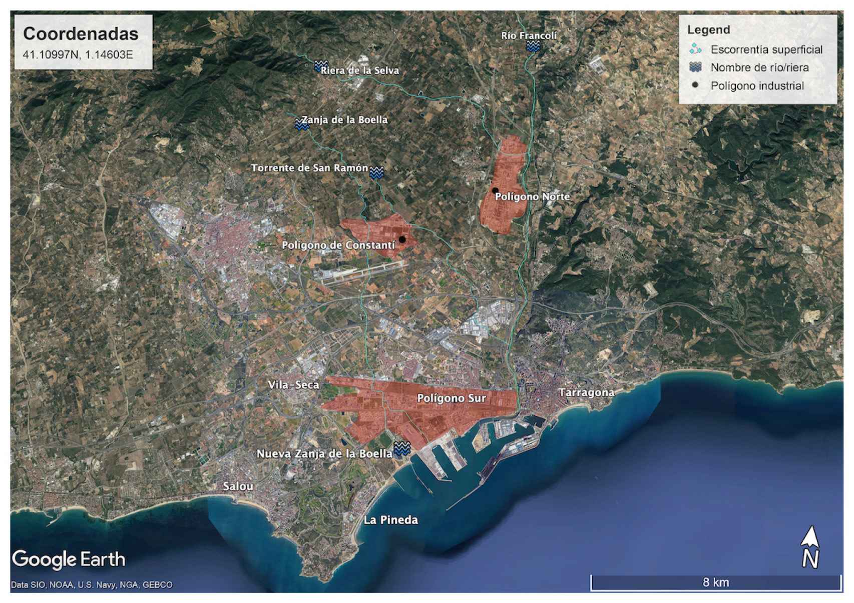 Imagen satélite de los polígonos industriales en la zona de Tarragona.