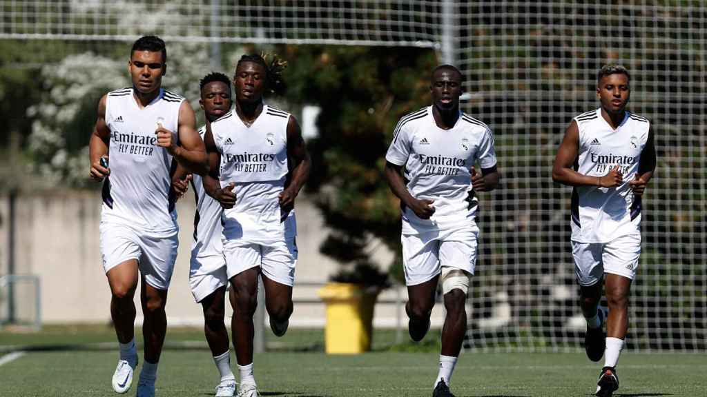 Casemiro, Vinicius, Camavinga, Ferland Mendy y Rodrygo, en un entrenamiento del Real Madrid