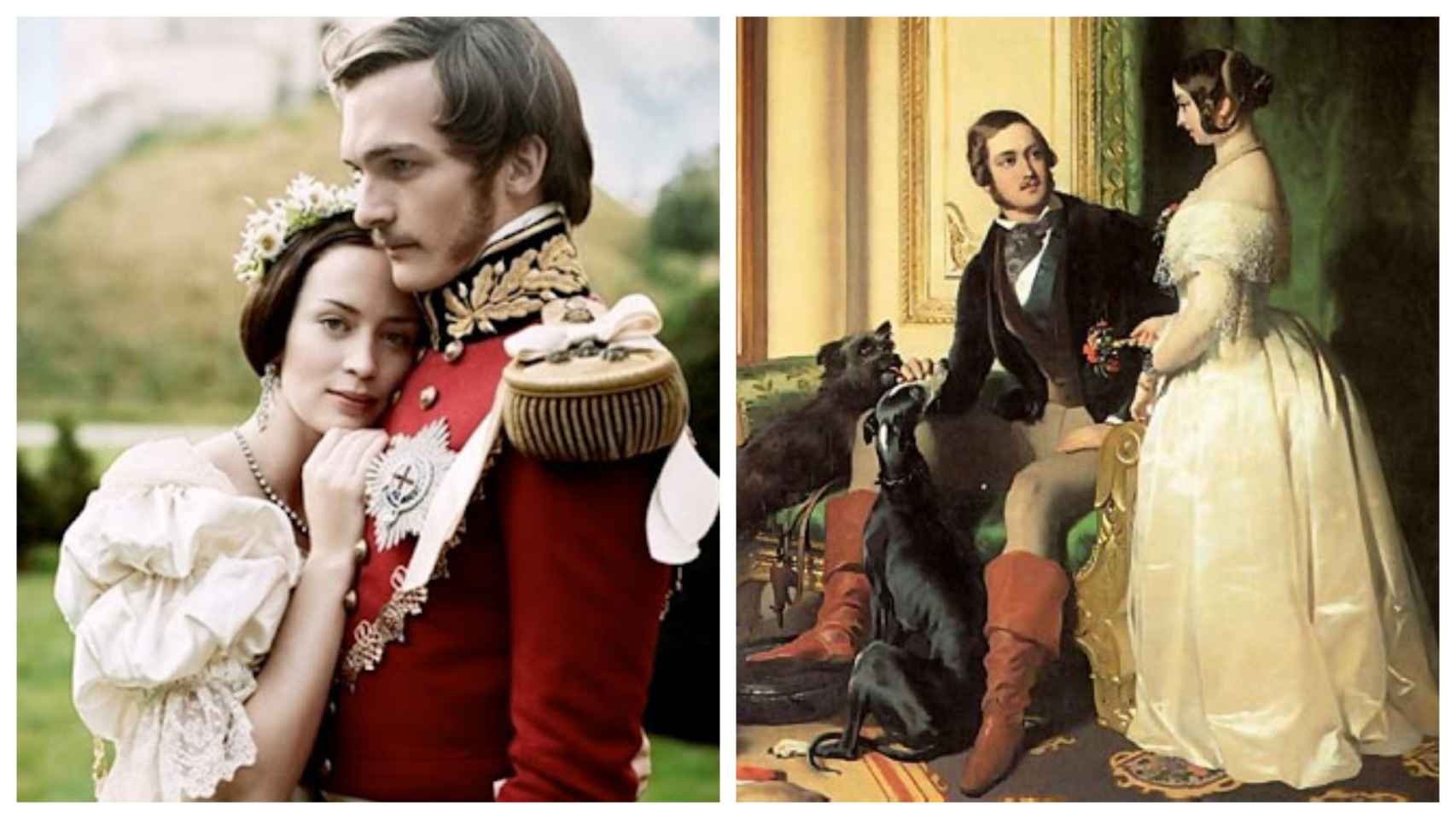 La reina Victoria y su marido,  el príncipe Alberto en un detalle del cuadro titulado 'El Castillo de Windsor en los tiempos modernos' (dcha.) y en la película 'La joven Victoria' (2009) interpretados por los actores Emily Blunt y Rupert Friend.