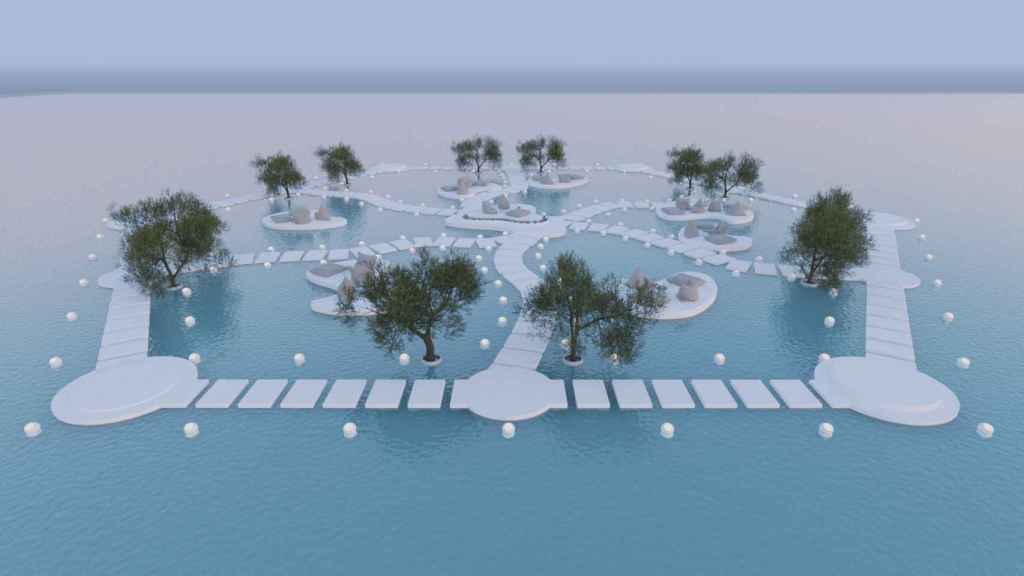 Infografía de vista aérea del proyecto Horms: zona de pasarelas e islas en exterior de complejo turístico..