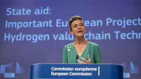 La Comisaria Europea de Competencia, Margrethe Vestager, durante la rueda de prensa en la que se han anunciado los proyectos seleccionados.
